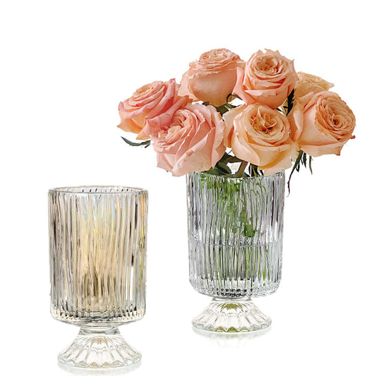 Large Clear Pedestal Vases for Centerpieces, Hewory 7.1in Crystal Glass Ribbed Footed Flower Vase, Fluted Wide Unique Decorative Vase for Wedding Birthday Anniversary Events Table Decor, Line