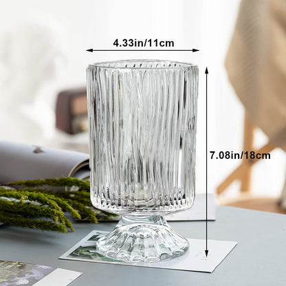 Large Clear Pedestal Vases for Centerpieces, Hewory 7.1in Crystal Glass Ribbed Footed Flower Vase, Fluted Wide Unique Decorative Vase for Wedding Birthday Anniversary Events Table Decor, Line